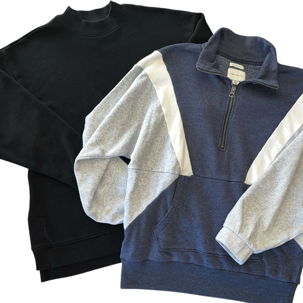 AE Soft Fleece Cozy Black & Oversized Colorblock Sweatshirt Bundle Womens XS